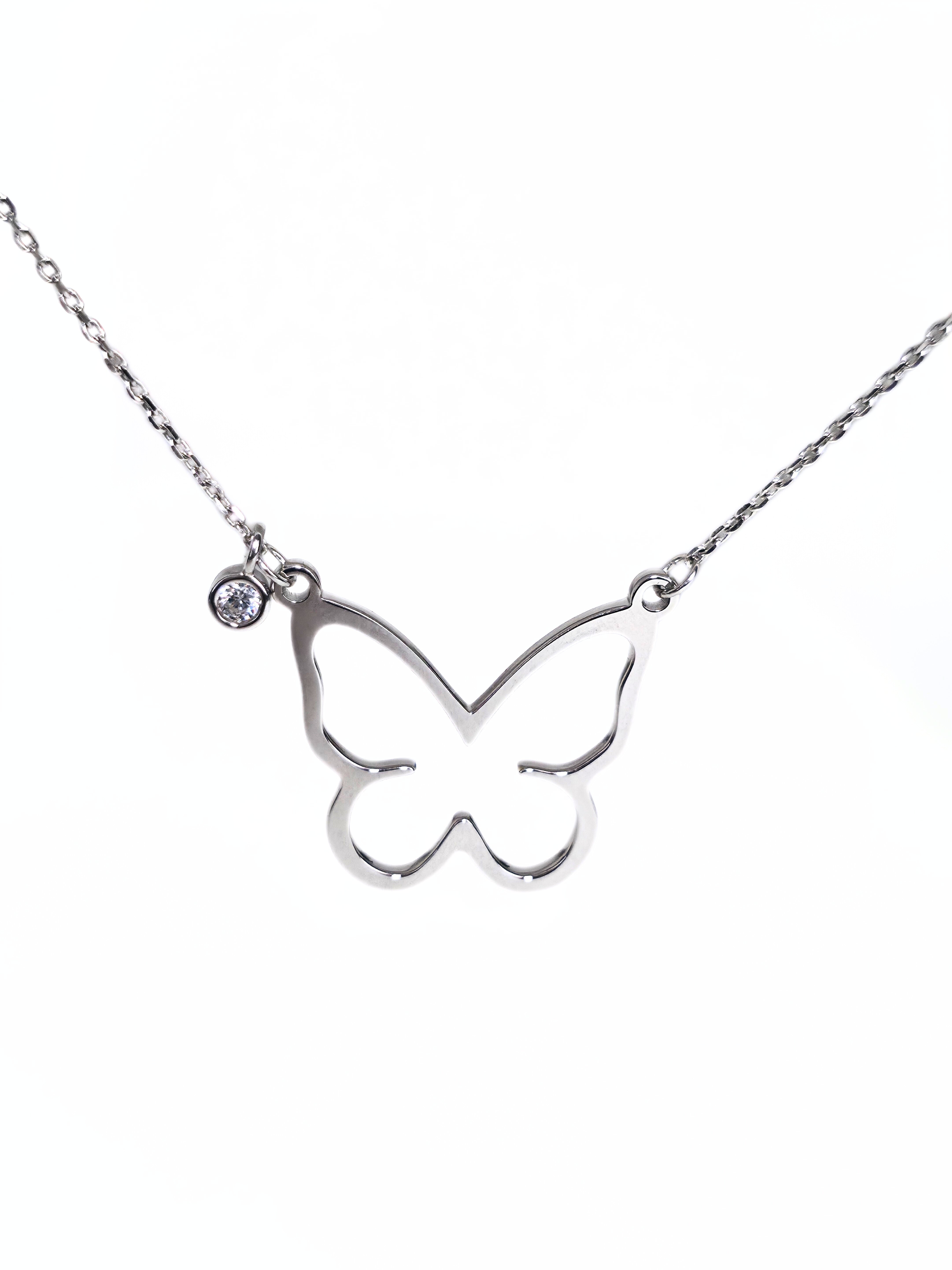 Open butterfly necklace - close up- silver front