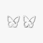 Pair of silver butterfly-shaped stud earrings on white background from Marwa Jewels