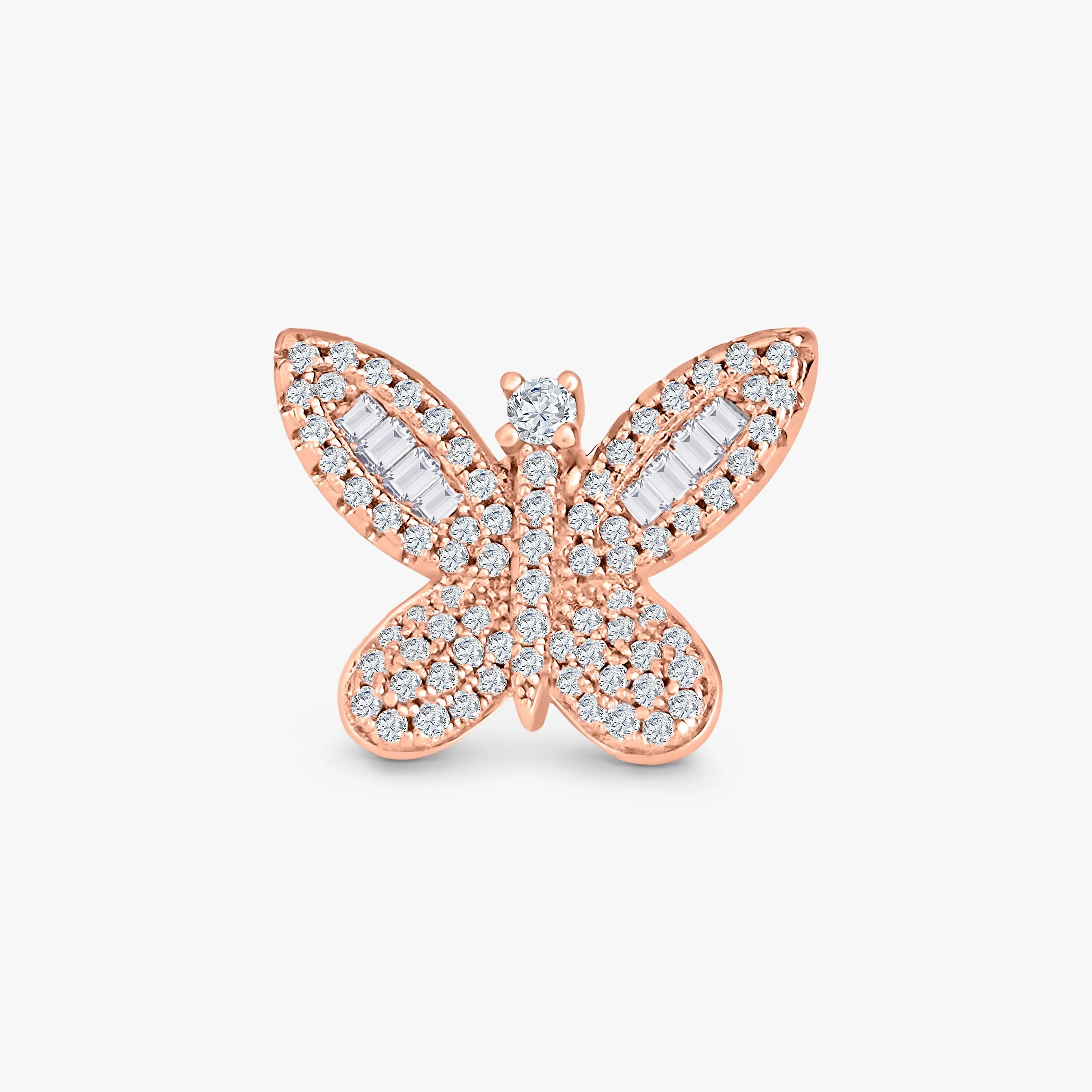 Rose gold butterfly-shaped pendant adorned with sparkling clear crystals and baguette stones