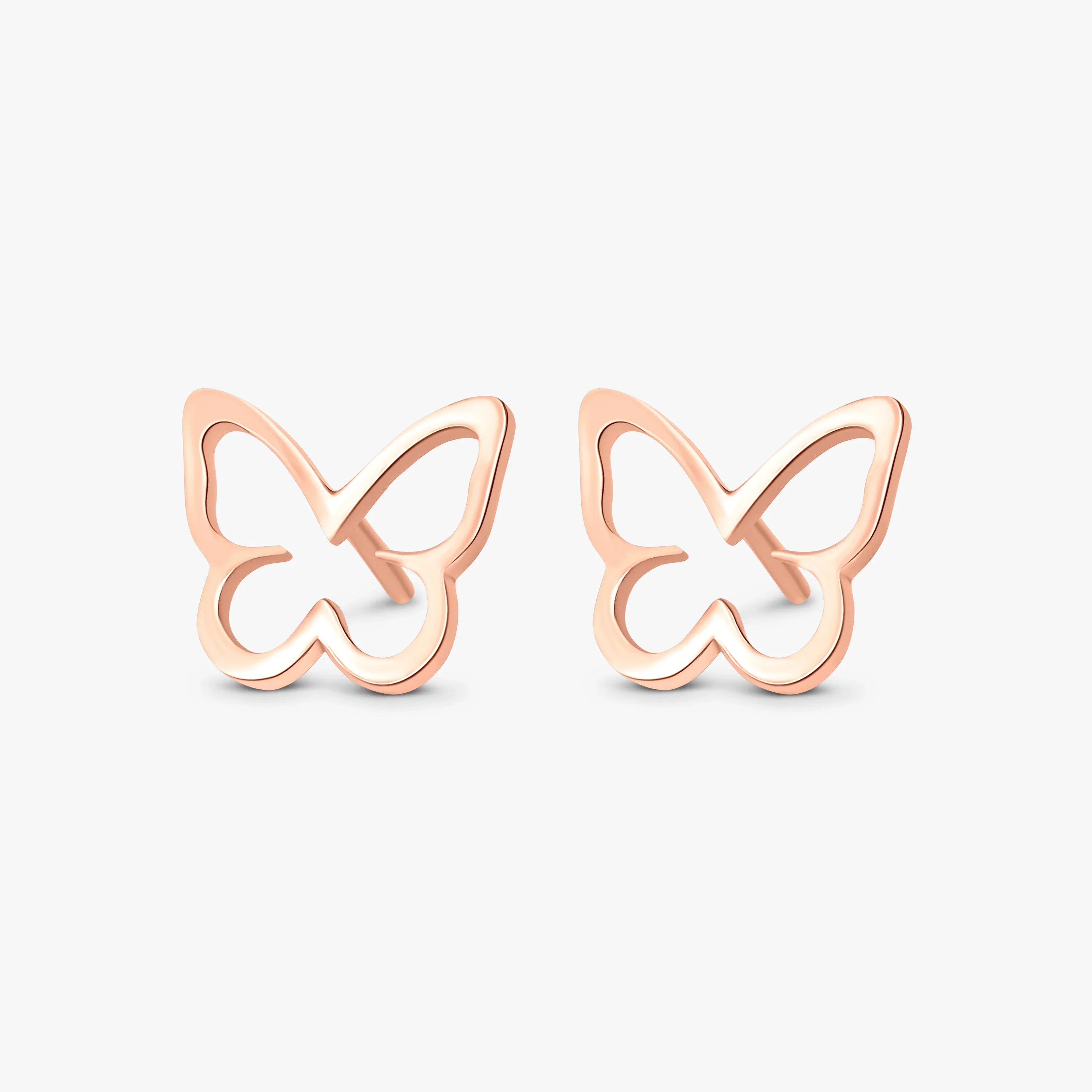 Rose gold butterfly-shaped stud earrings on white background from Marwa Jewels