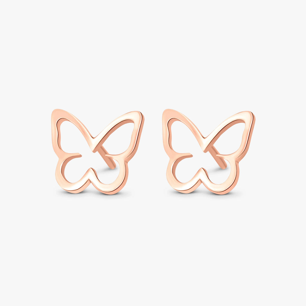 Rose gold butterfly-shaped stud earrings on white background from Marwa Jewels