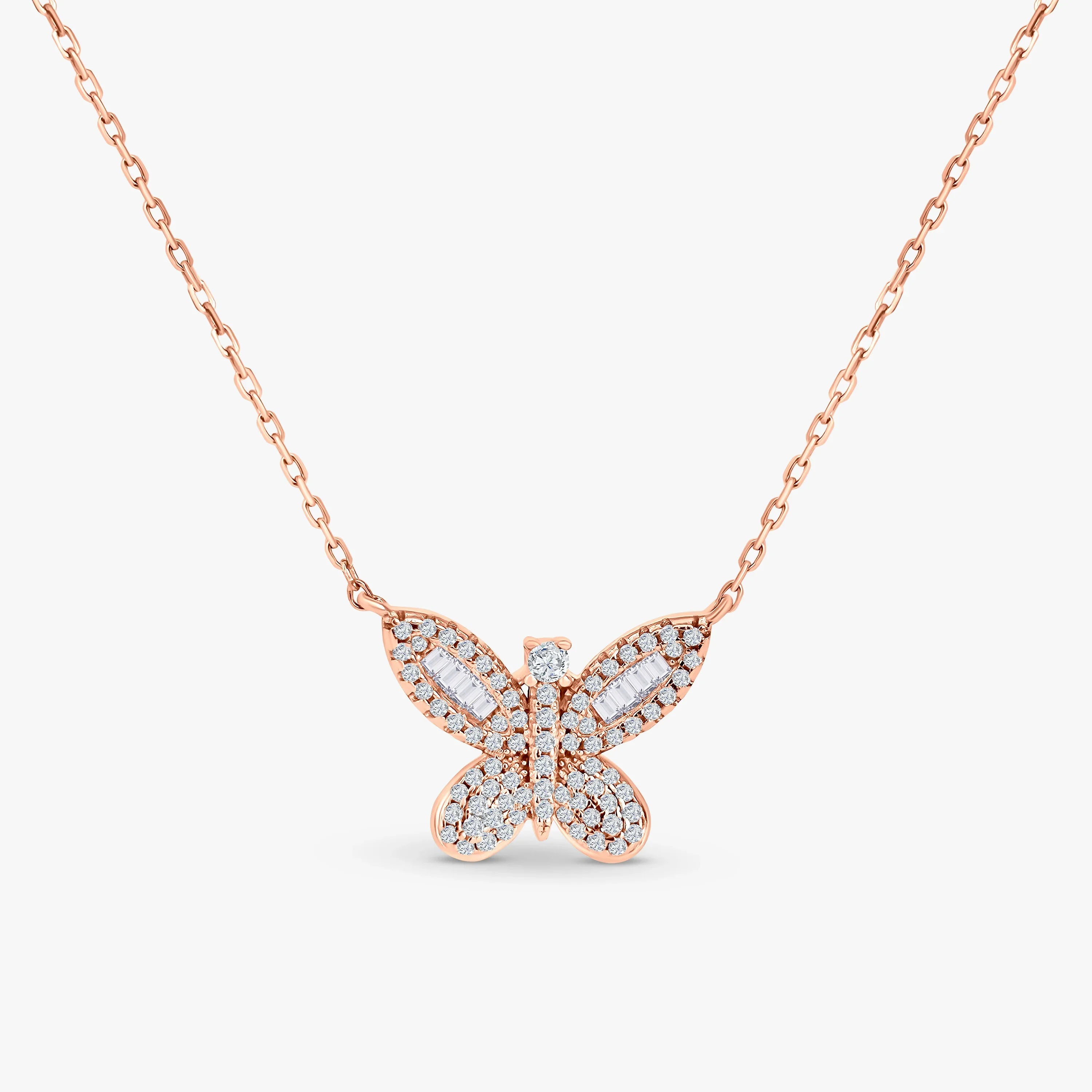 Rose gold butterfly pendant necklace with sparkling cubic zirconia stones on delicate chain
