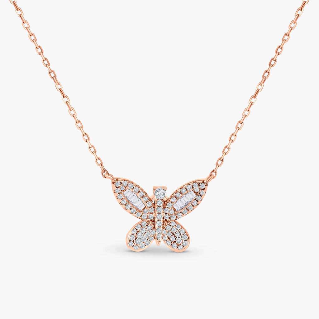 Rose gold butterfly pendant necklace with sparkling cubic zirconia stones on delicate chain