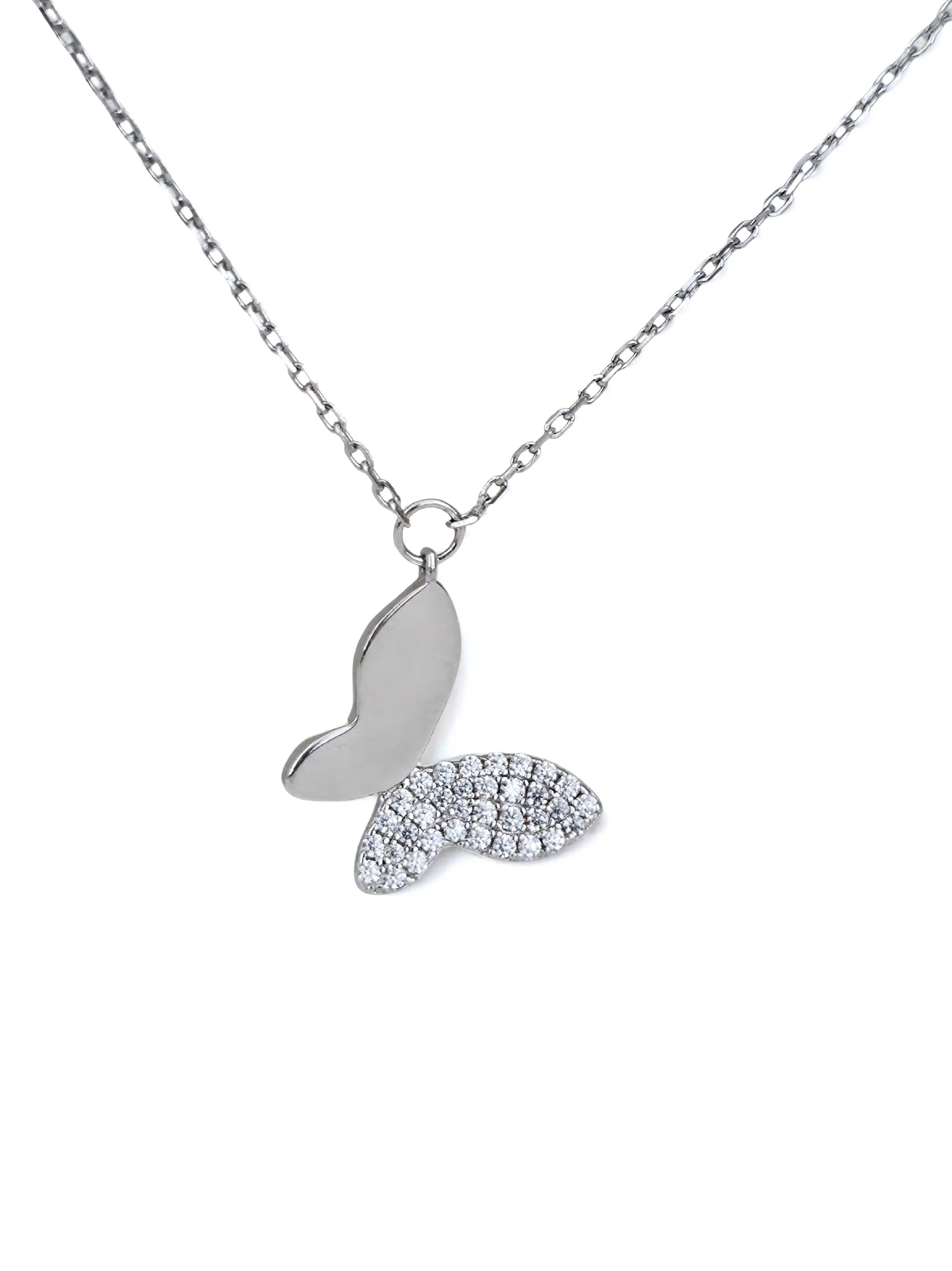 Silver butterfly necklace with diamond accents on a white background- chic butterfly necklace silver - further