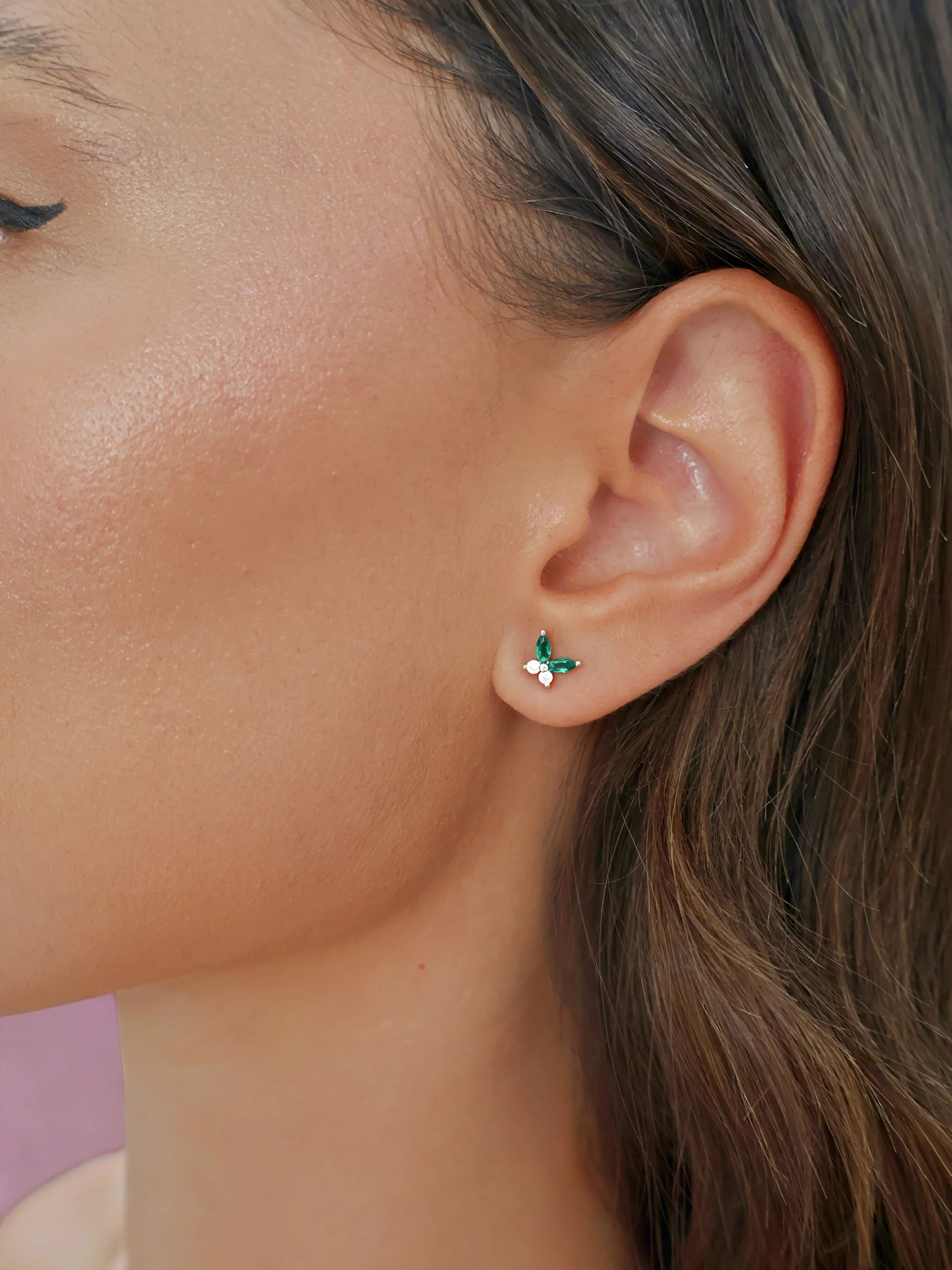 Green and white butterfly studs silver front