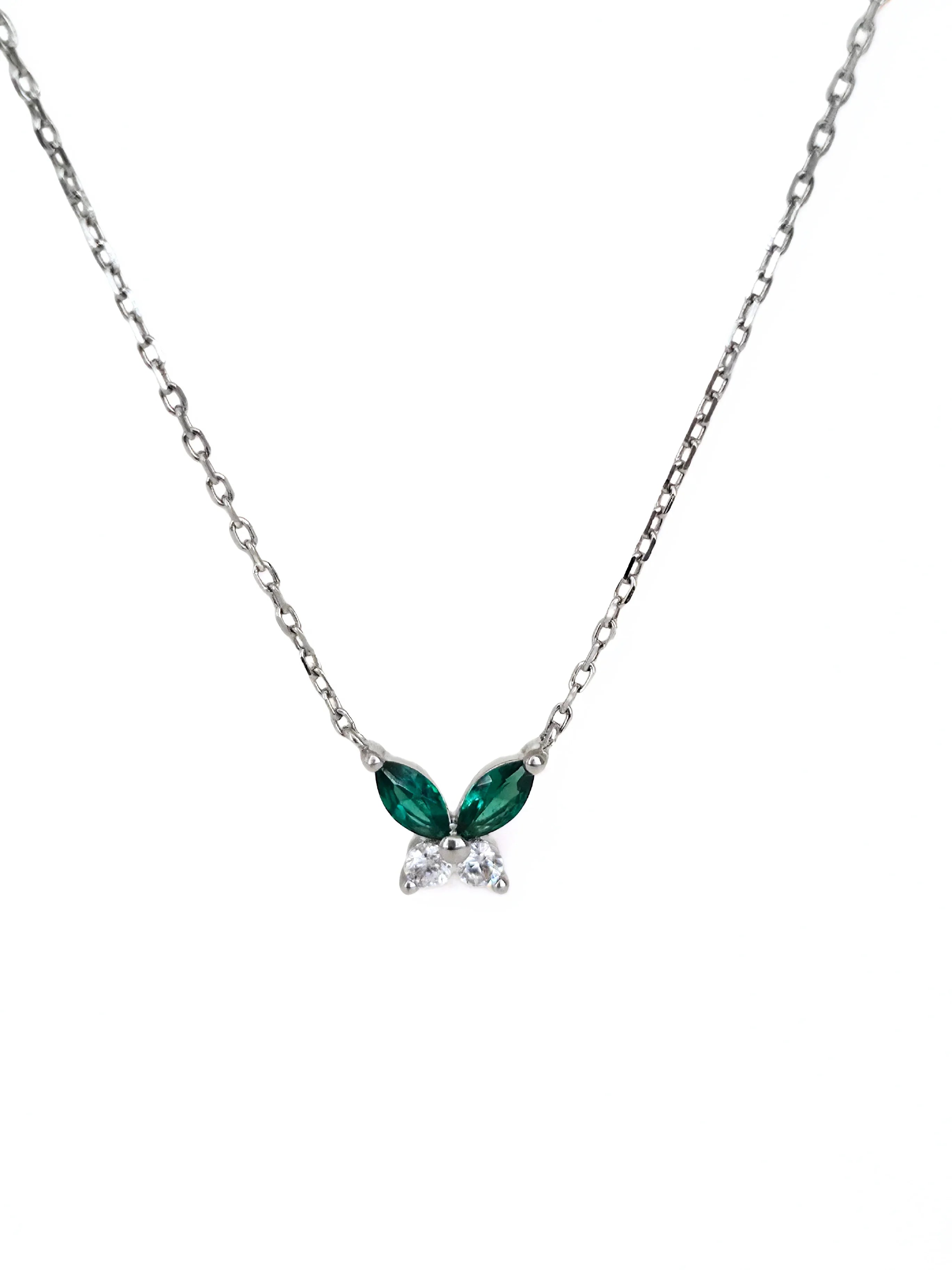 petite butterfly necklace silver Necklace with green gemstones on a white background- front