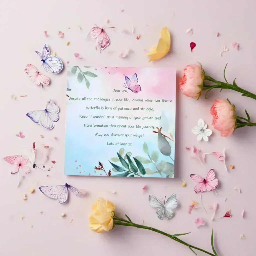 Inspirational card with butterfly design and flowers on light pink background, symbolizing growth and transformation
