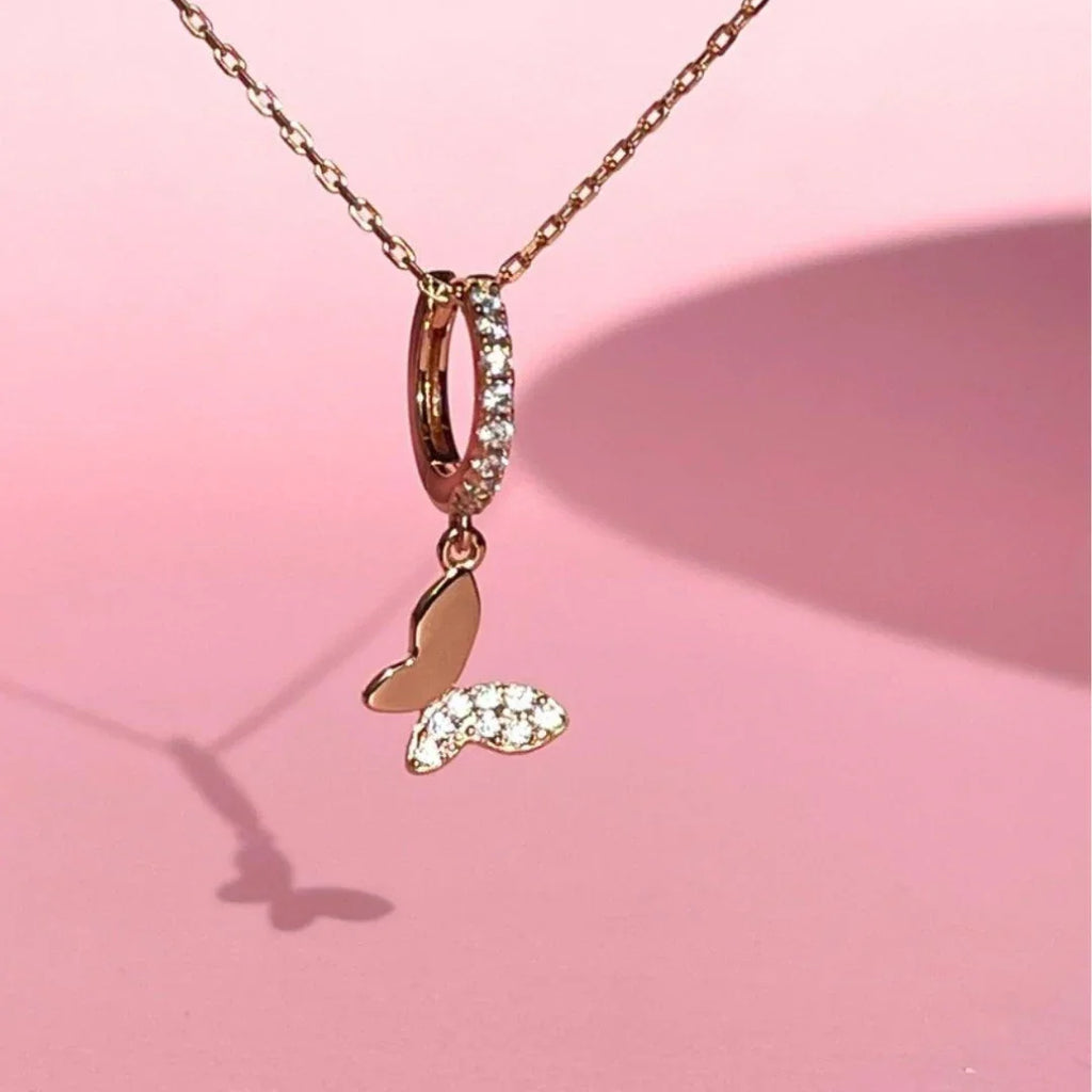 Chic Butterfly Huggie Drop Earrings | Rose Gold - Marwa Jewels, close up