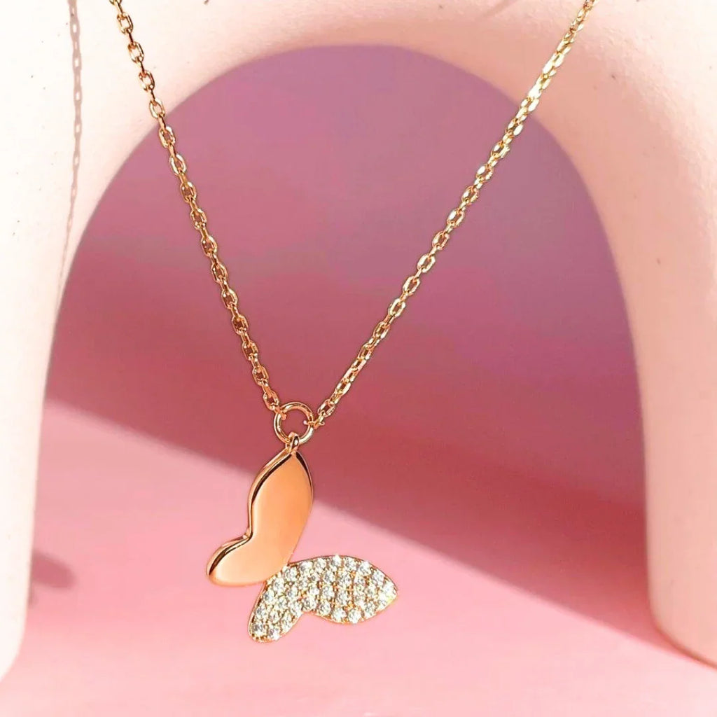 Chic Butterfly Necklace | Rose Gold - Marwa Jewels, close up
