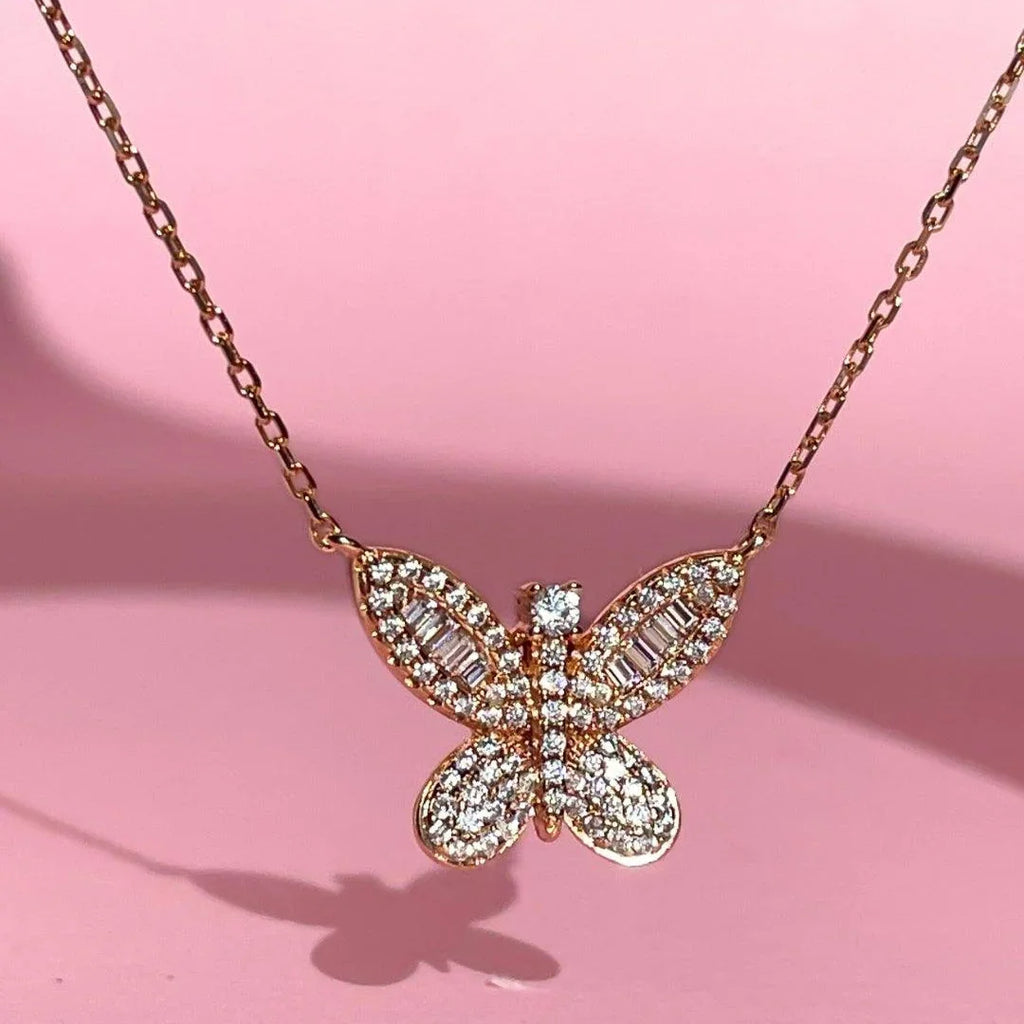 Shimmering Butterfly Necklace | Rose Gold - Marwa Jewels, close up