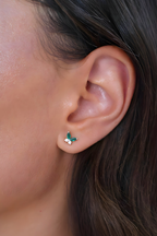 Close-up of an ear wearing a small green earring with a blurred background