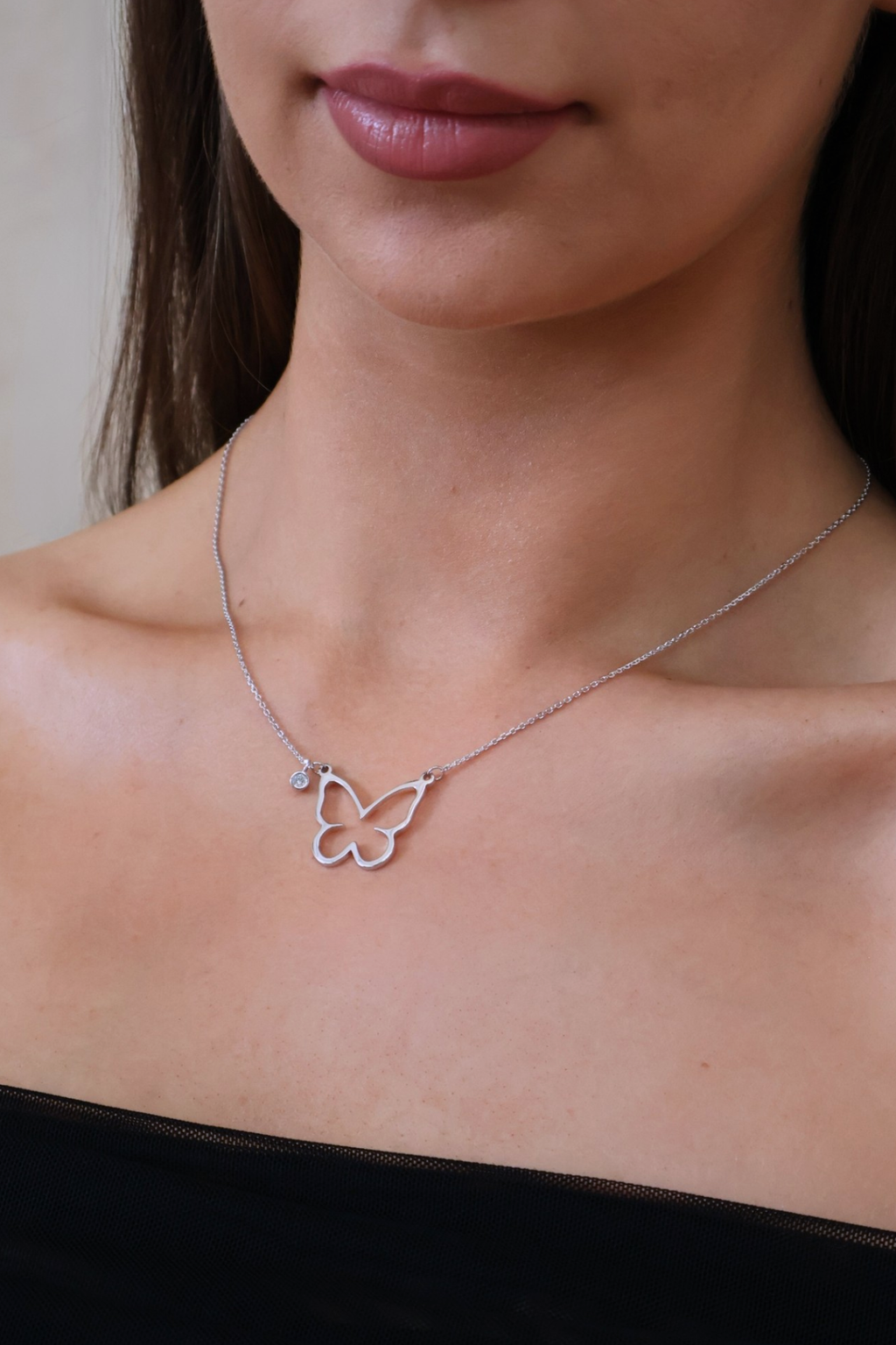 close up open butterfly necklace
