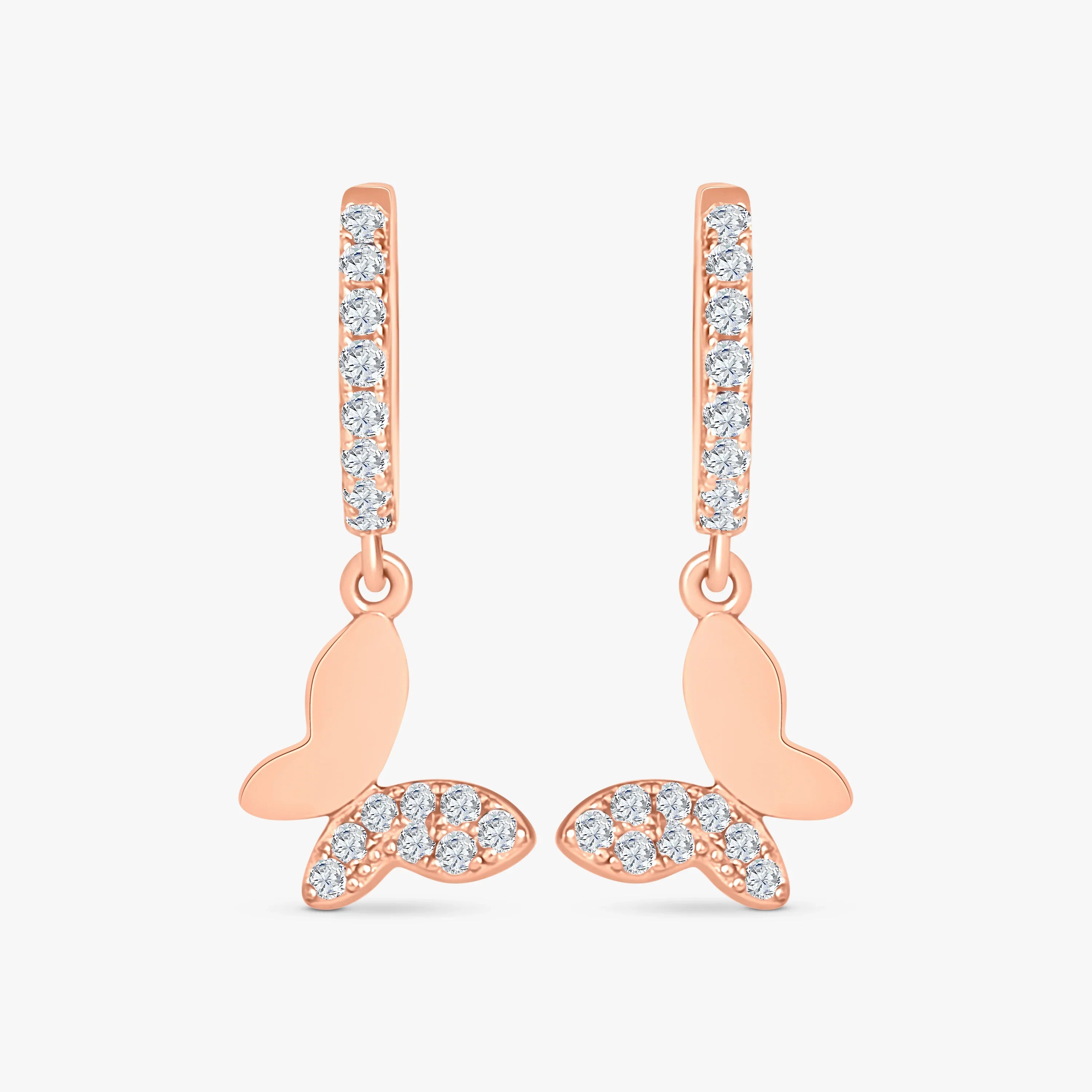 Rose gold hoop earrings with butterfly charms adorned with sparkling cubic zirconia stones