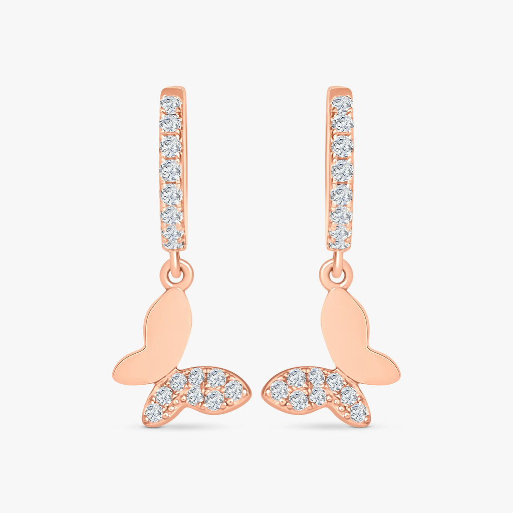 Rose gold hoop earrings with butterfly charms adorned with sparkling cubic zirconia stones