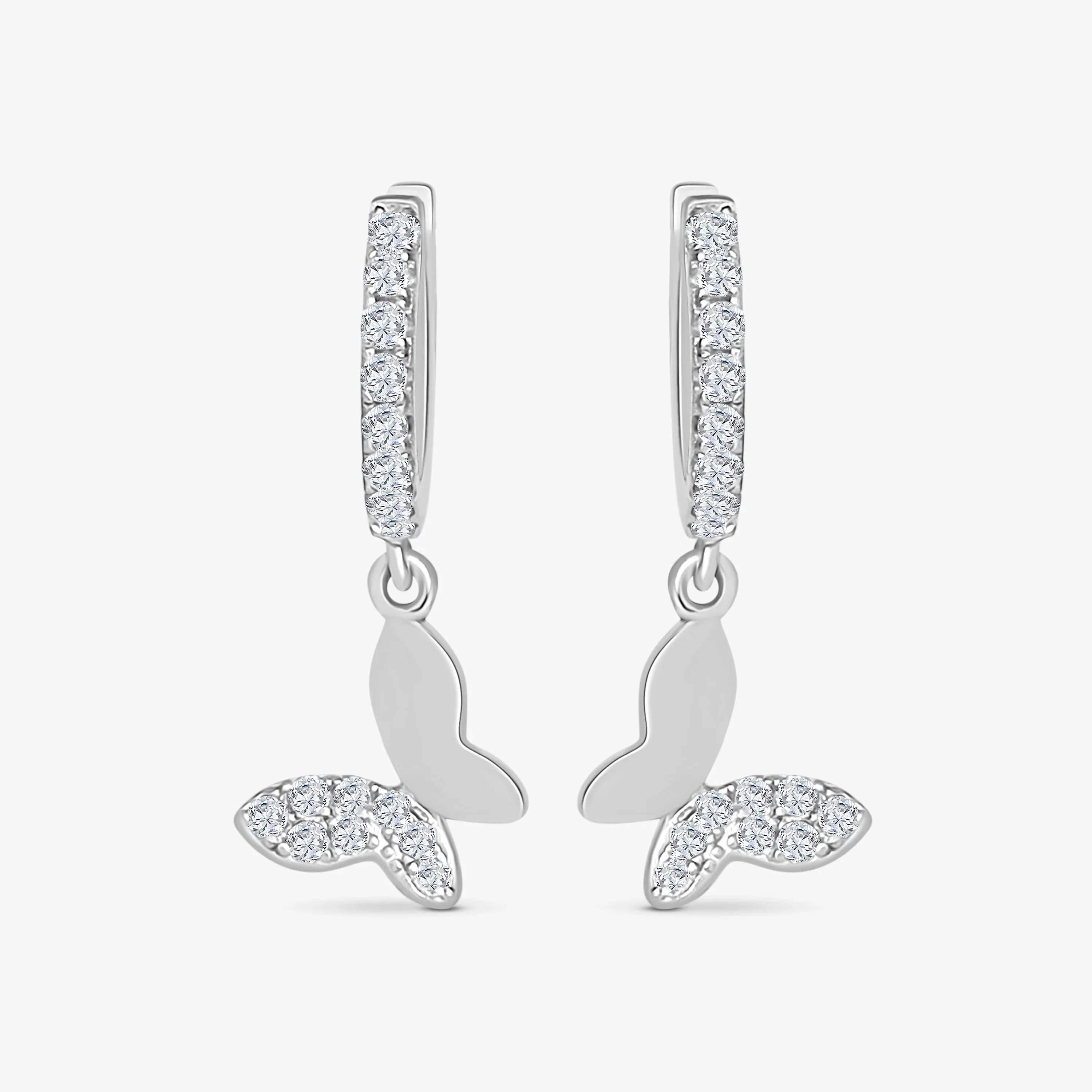 Silver butterfly drop earrings with sparkling cubic zirconia on white background
