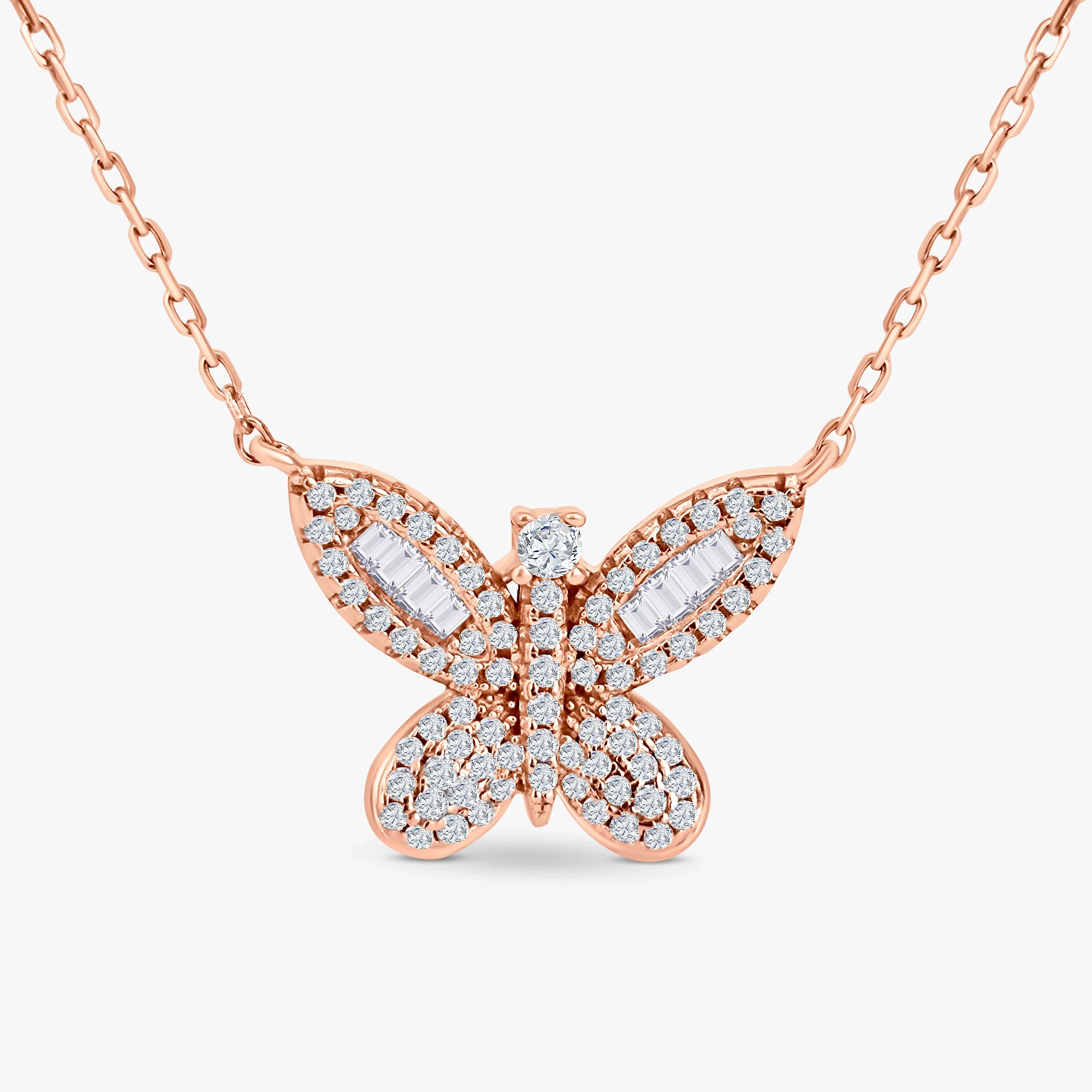 Rose gold butterfly pendant necklace adorned with sparkling white diamonds on a delicate chain