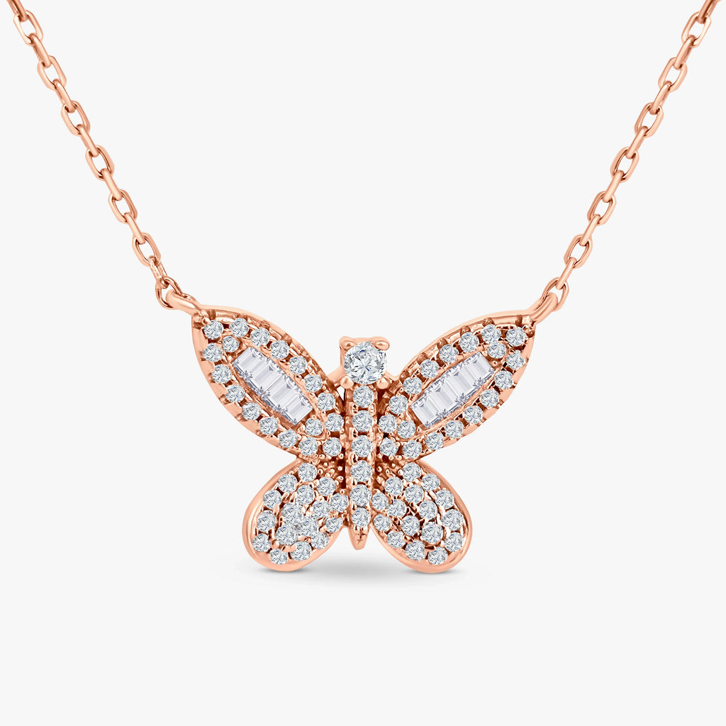 Rose gold butterfly pendant necklace adorned with sparkling white diamonds on a delicate chain
