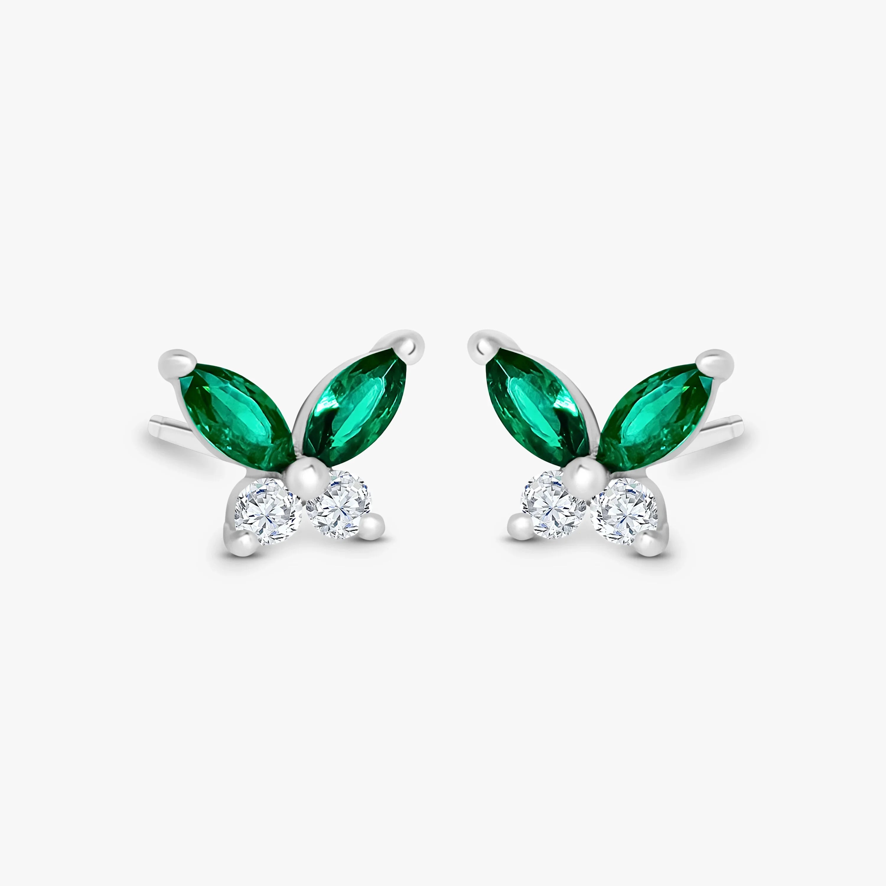 Petite butterfly earrings green and white in silver - pair