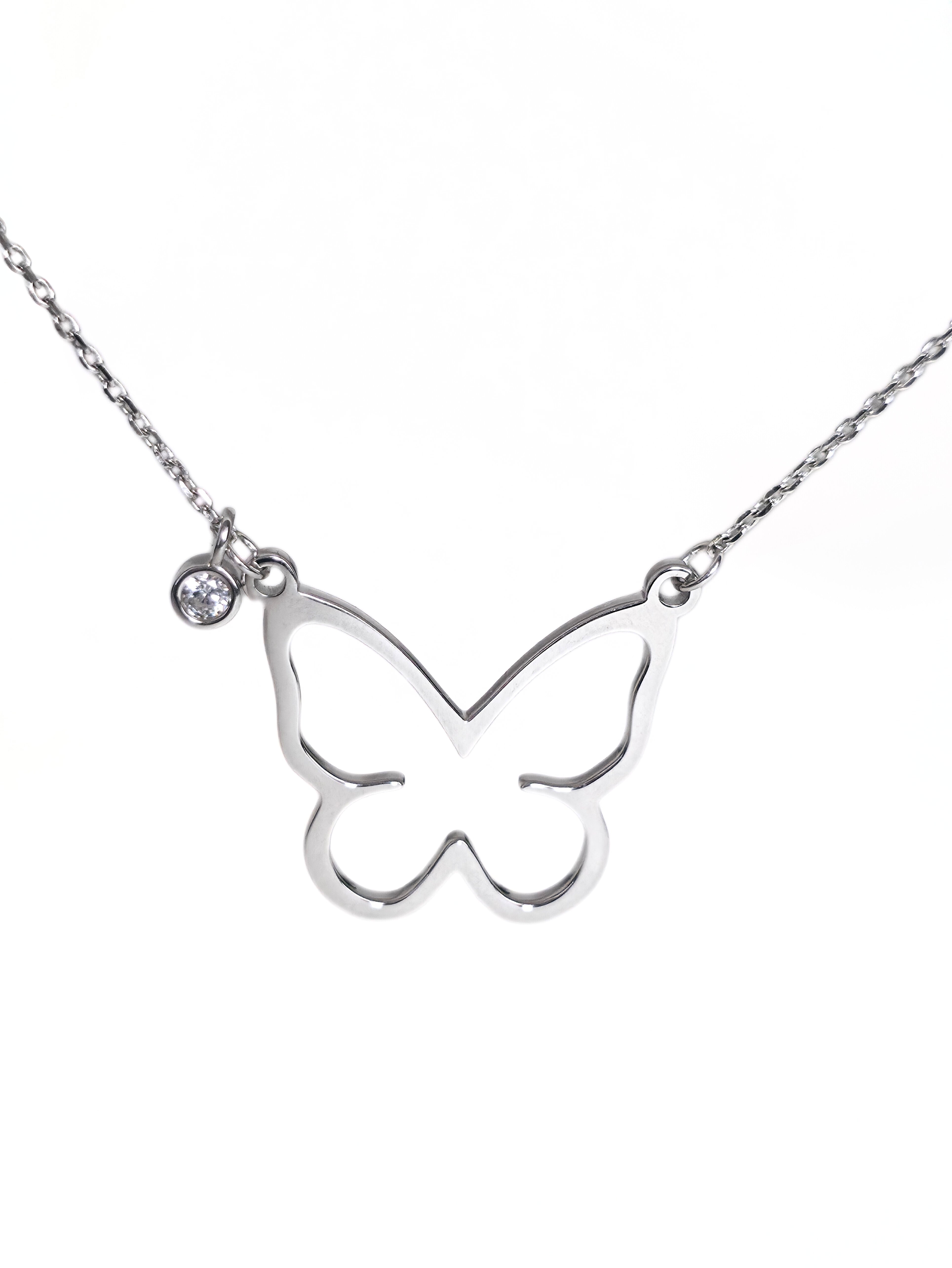 Open butterfly necklace - close up- silver front